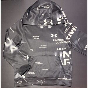 Under Armour Cold Gear Sweatshirt Youth XS Hoodie Black All Over Print Logo